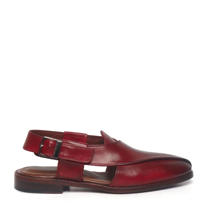 Cross Strap Slip-On Leather Peshawari Burgundy Sandal