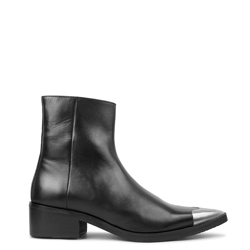 Metallic Toe  Premium Leather Side-Zipper Black Boot