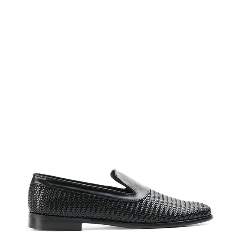 Woven Slip-On Leather Black Loafer For Men