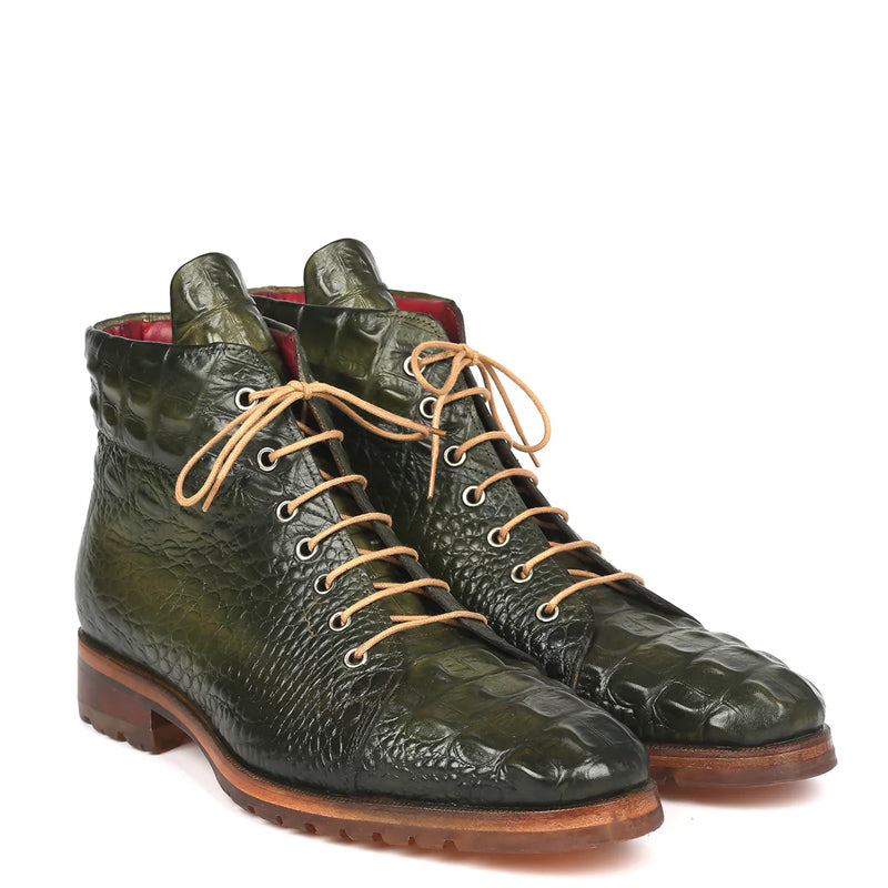 Men Crocodile Embossed Leather Ankle Boot Green