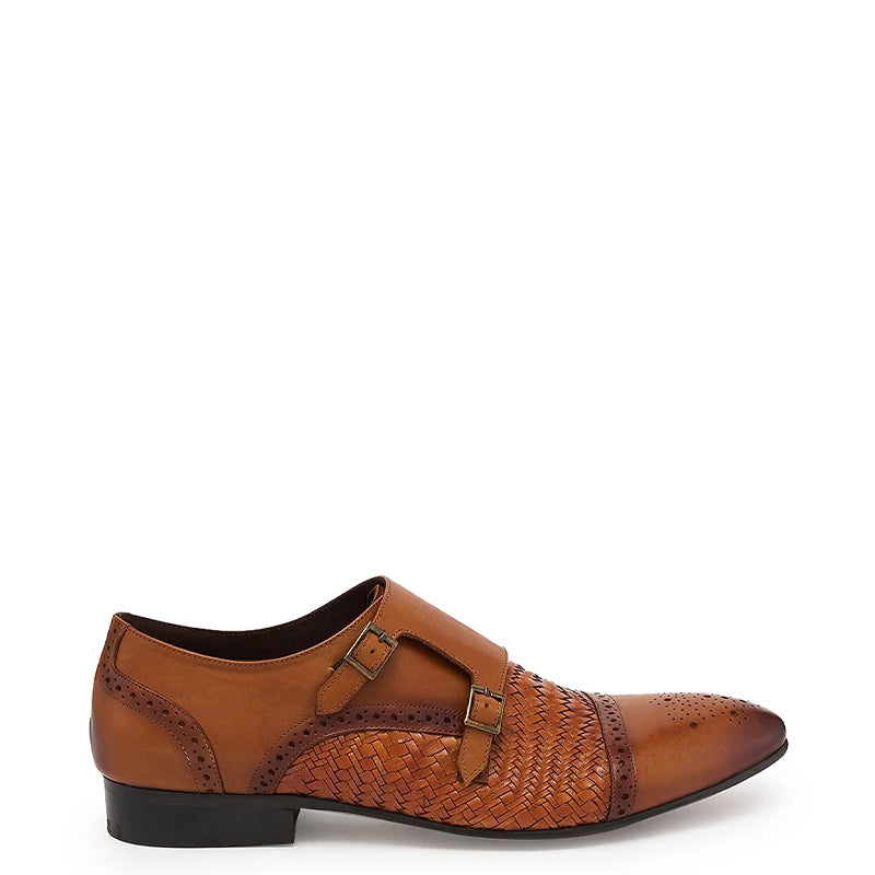 Men Woven Textured Leather Double Monk Shoe Tan