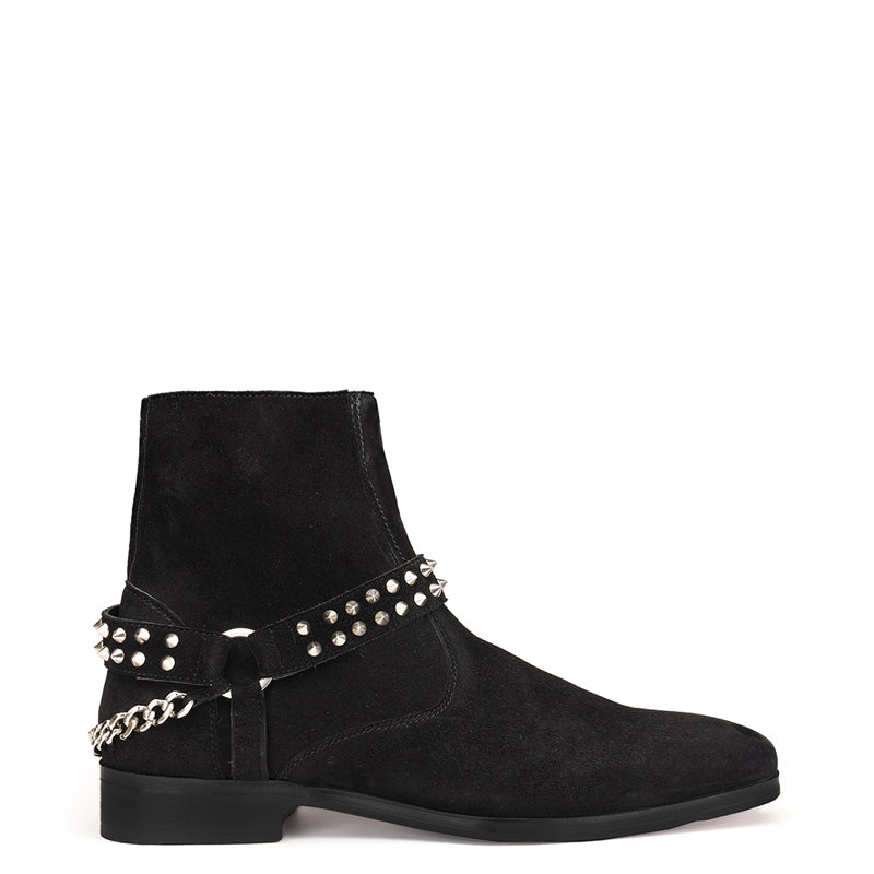 Luxury Spike Stud Velvet Side-Zipper Black Boot With Chain