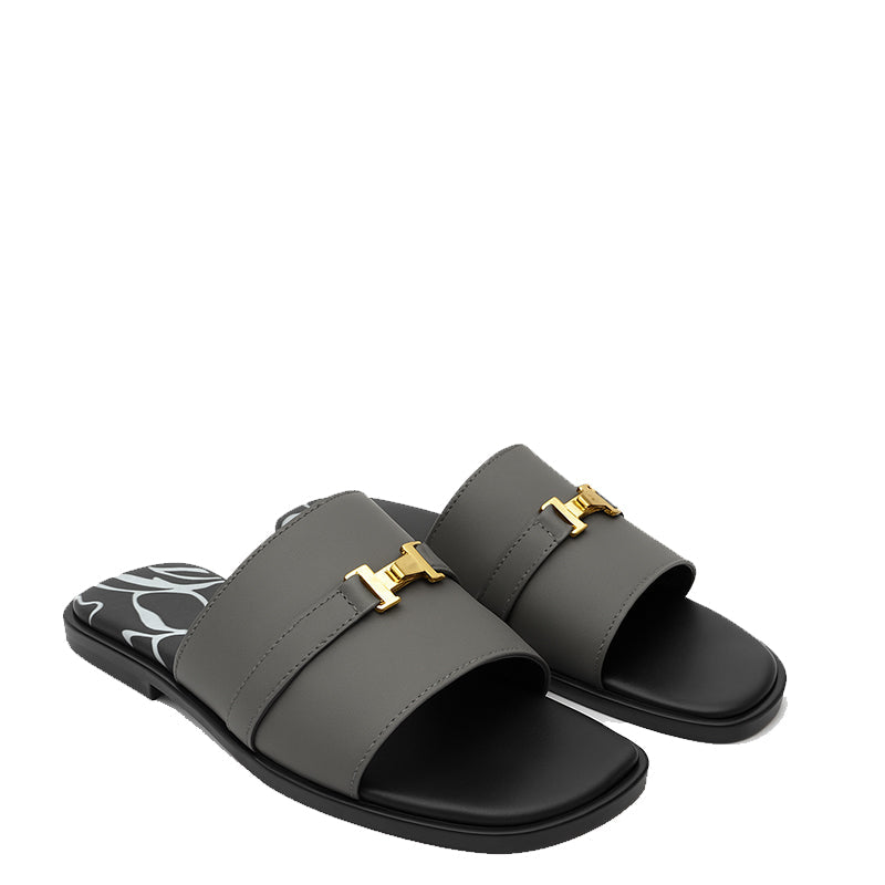 Luxury H-Style Buckle Leather Grey Slipper