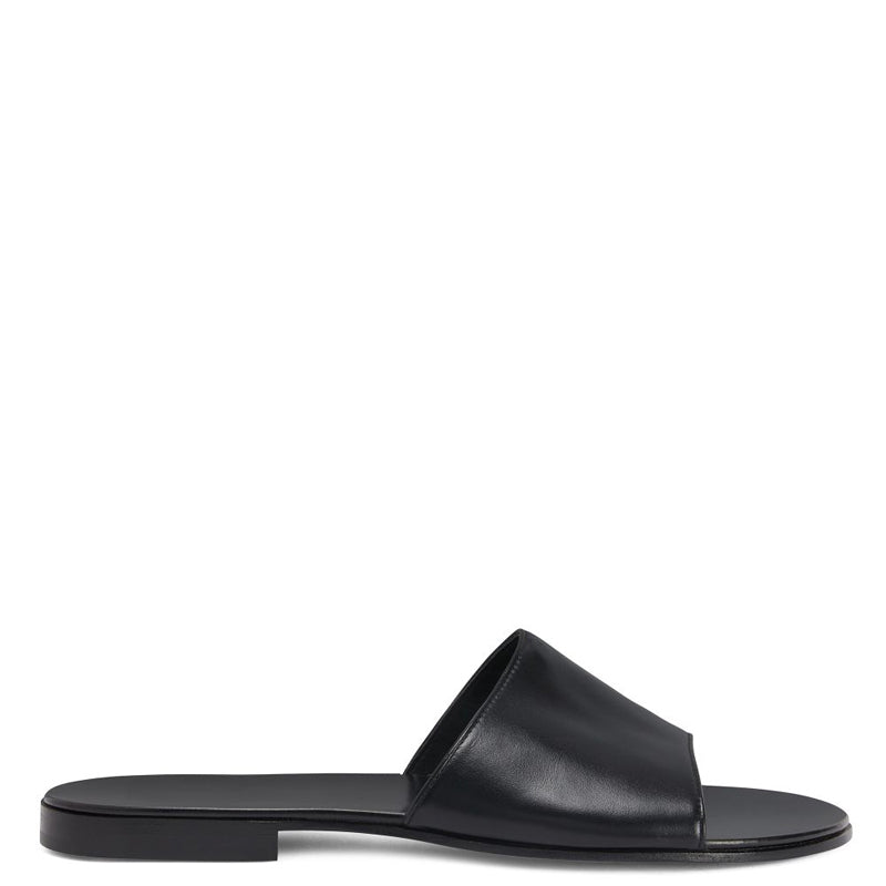 Plain Open Toe Flats Leather Black Slide