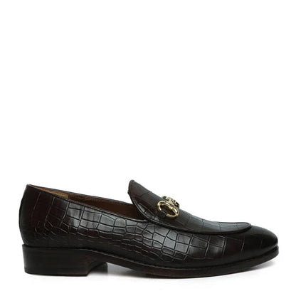 Croco Print Deep Cut Horse-bit Buckled Tan Loafer