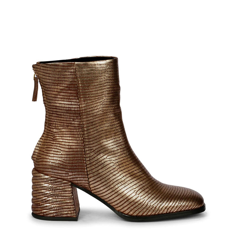 Platin Metallic Lizard Print Leather High Ankle Boot