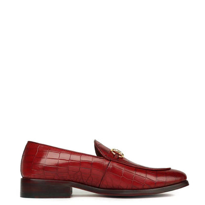 Croco Leather Horse-bit Buckled Green Loafer