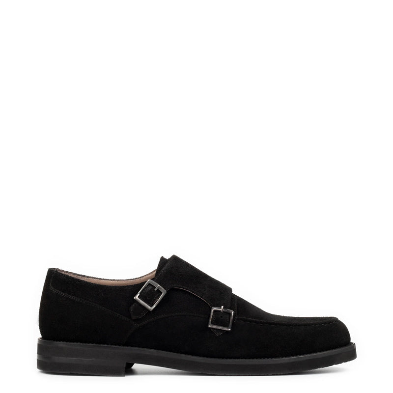 Men Suede Leather Double Monk Straps Black Shoe