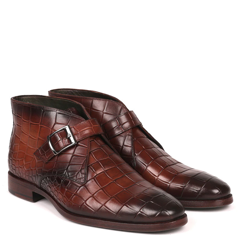 Single Monk Straps Croco Print Leather Ankle Boot Brown
