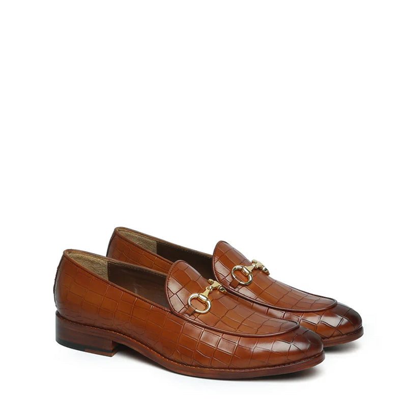 Croco Print Deep Cut Horse-bit Buckled Tan Loafer