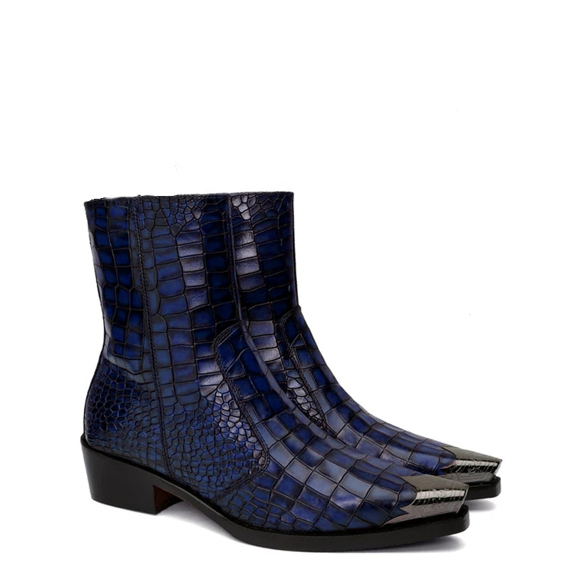 Luxury Croco Print Leather Side-Zipper Boot Burgundy