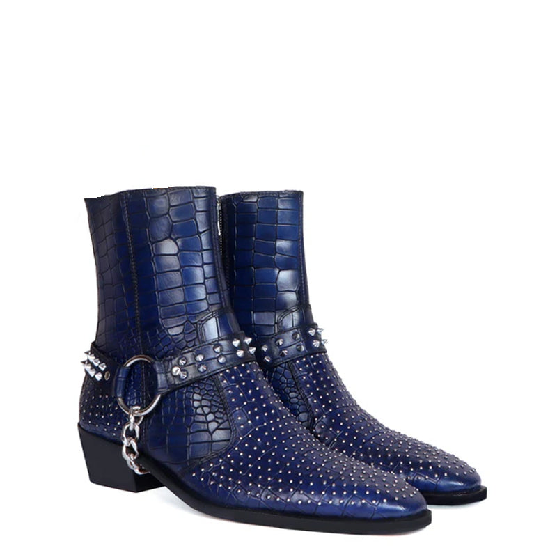 Croco With Silver Studded Buckle Side-Zipper Chain Boots
