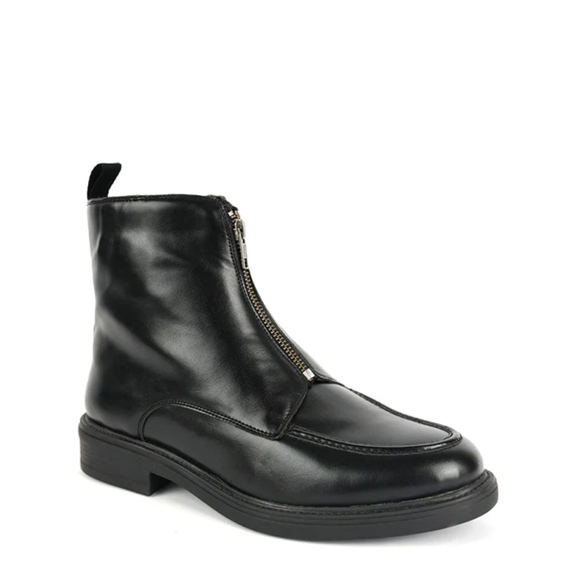 Polished Leather Front Zip-Up Black Boot For Men