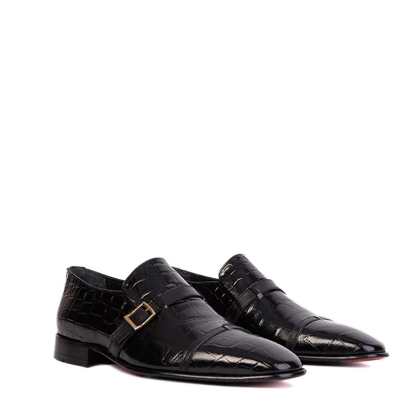 Black Leather Single Monk Strap Cap Toe Men Shoe