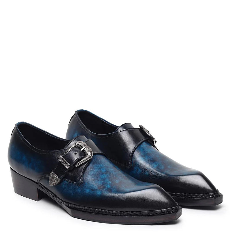 Plain Leather Single Monk Dark Blue Shoe With Side Buckle