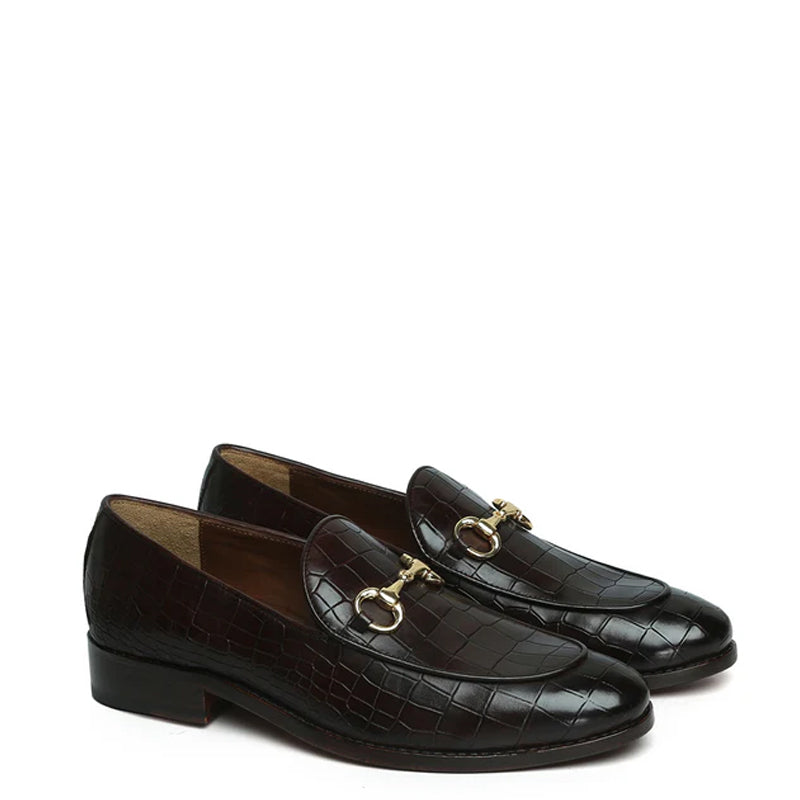 Croco Leather Horse-bit Buckled Green Loafer
