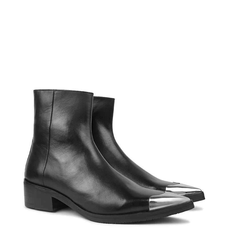 Metallic Toe  Premium Leather Side-Zipper Black Boot