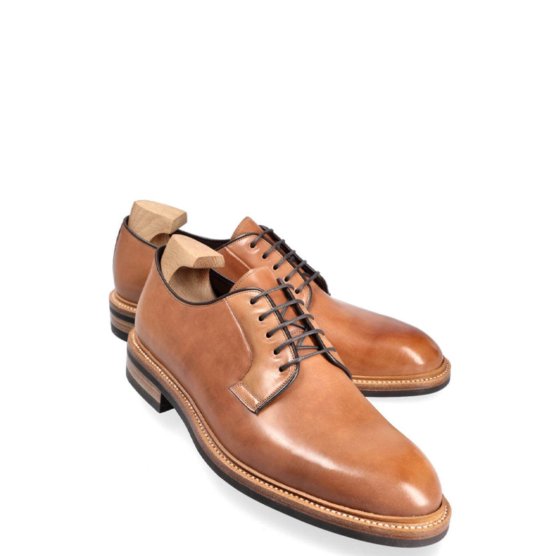 Plain Toe Shiny Leather Pure Handmade Derby Shoes