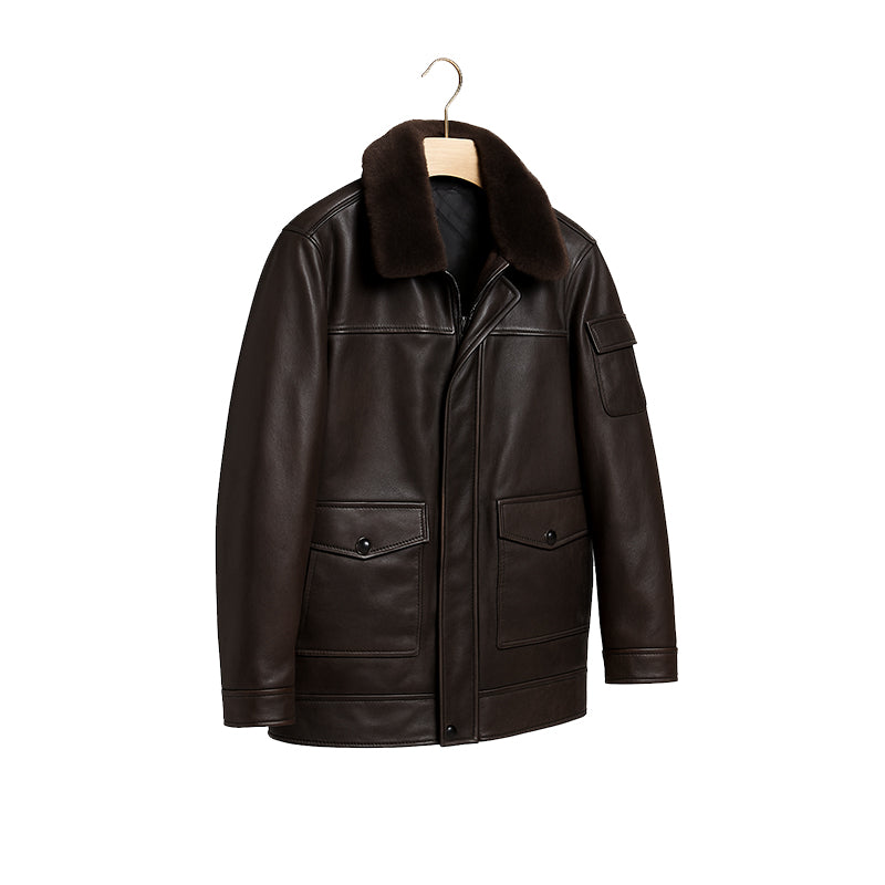 Men's Luxurious Tan Front Pocket Jacket with Fur Collar