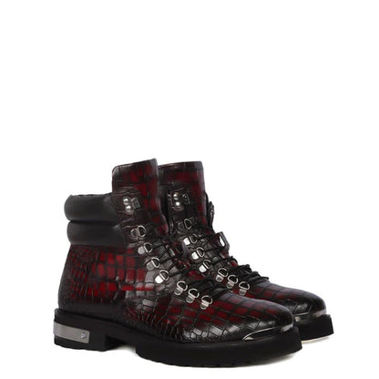 Croco Deep Cut Leather Lace-UP Ankle Boot Burgundy