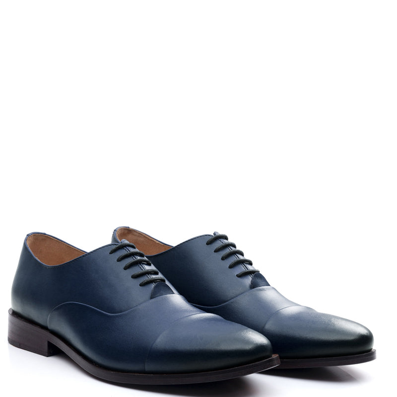 Men Captoe Polished Leather Plain Oxford Shoe Blue