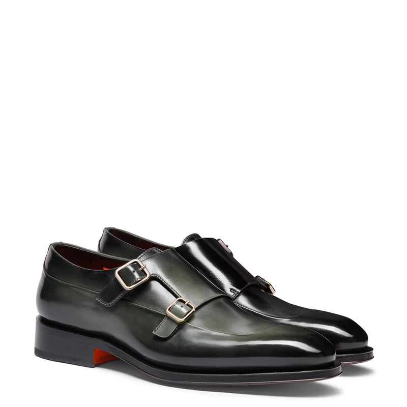 Men Cap-Toe Double Strap Green Monk Shoe