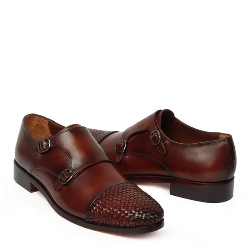 Double Monk Woven Leather Cap-Toe Brown Shoe