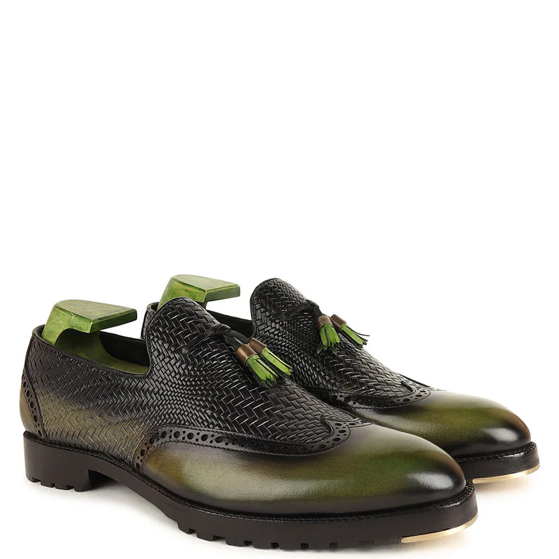 Patina Leather Tassel Loafers With Textured
