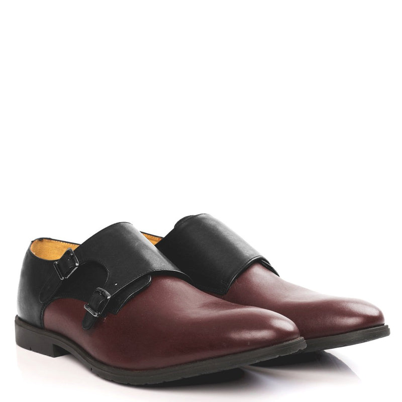 Leather Double Monk Strap Grey and Black Shoe For Men