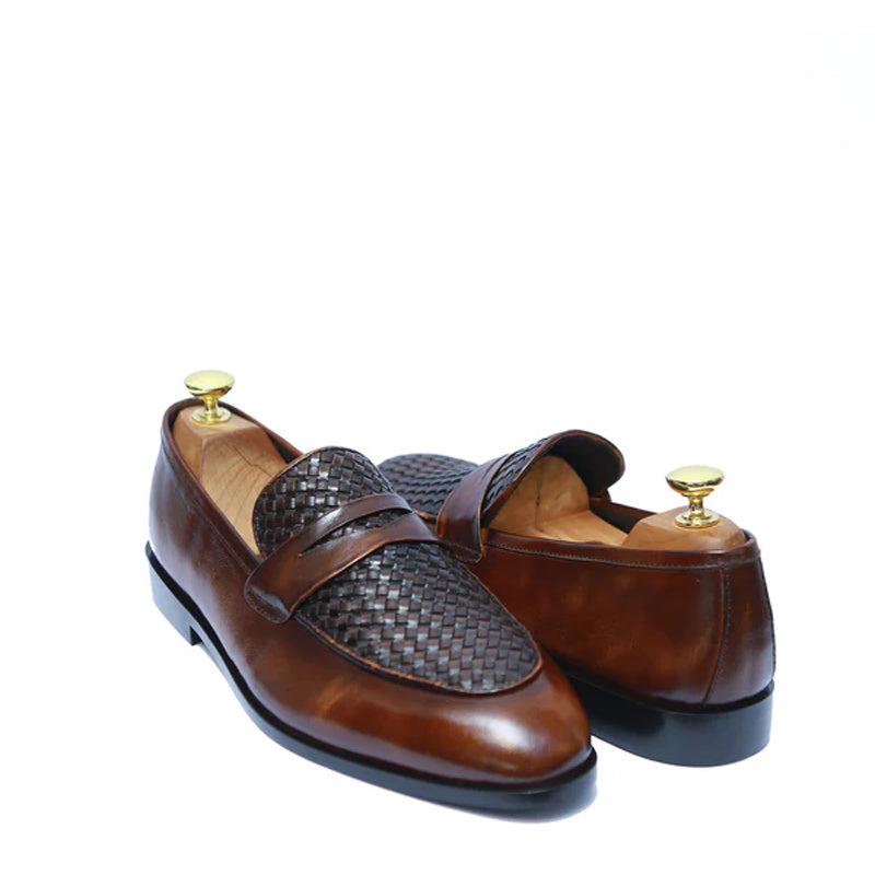 Men Handwoven Two Tone Brown Penny Leather Loafer