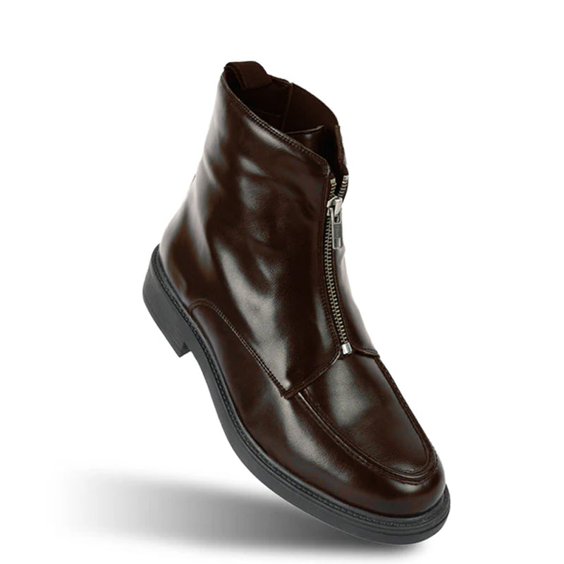 Polished Leather Front Zip-Up Brown Boot For Men