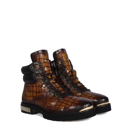 Croco Deep Cut Leather Lace-UP Ankle Boot Burgundy
