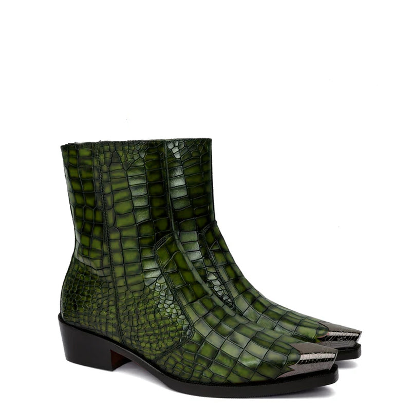 Luxury Premium Croco Print Leather Side-Zipper Boot Brown