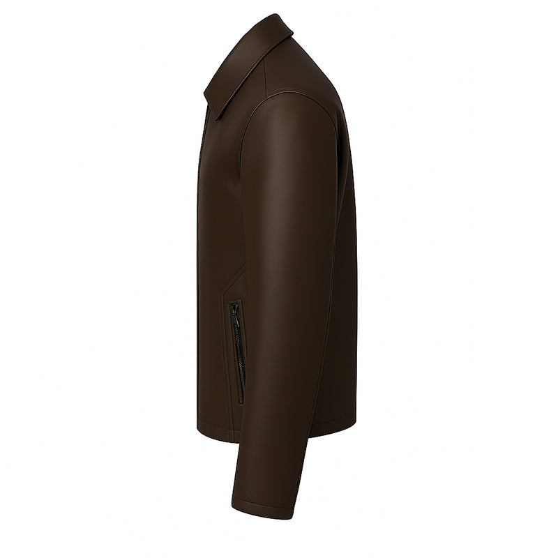 Men's Plain Casual Beige Leather Jacket with Collar