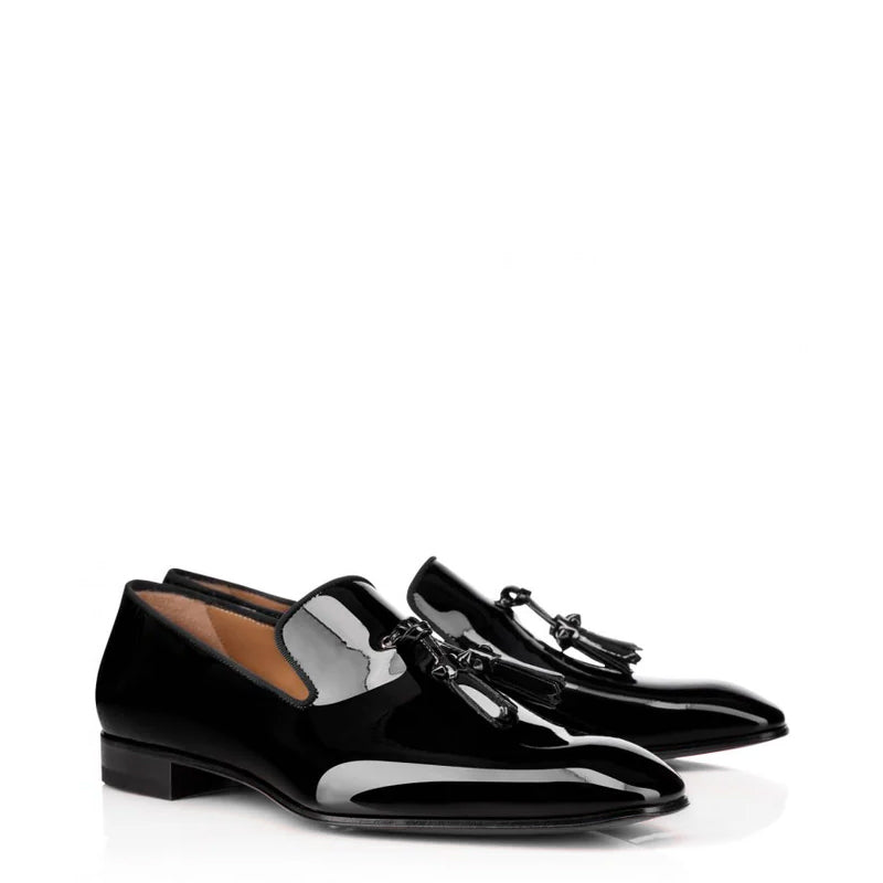 Patent Black Leather Round Toe Loafers in Tassel Detailing