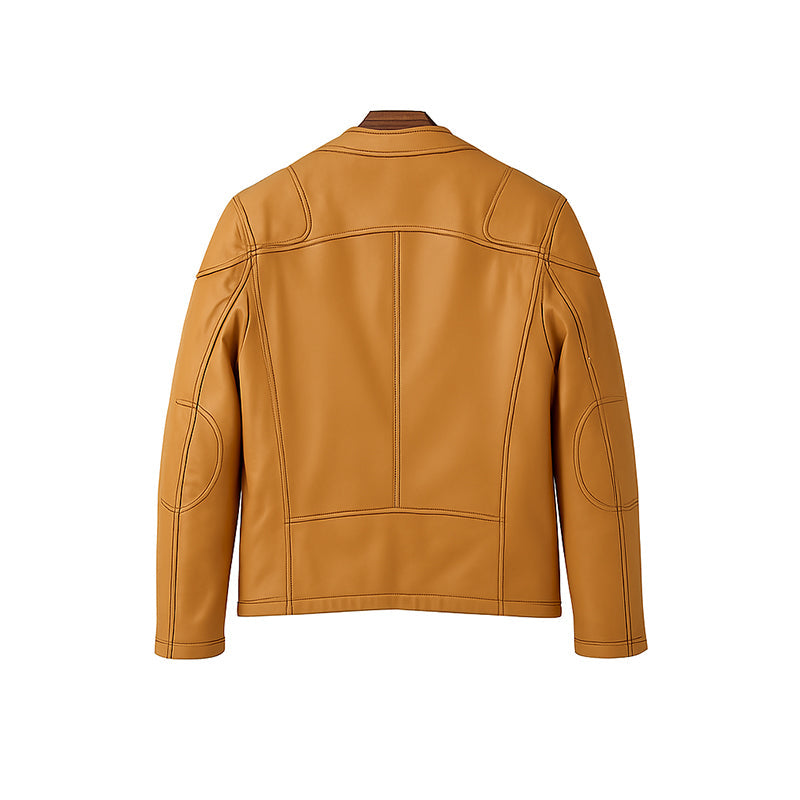 Men’s Zip-Up Vintage Tan Biker Jacket with Stand Collar & Pockets