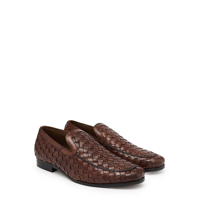 Men Woven Textured Handmade Pure Leather Black Loafer