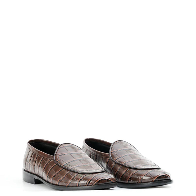 Croc Effect Slip-On Leather Loafers