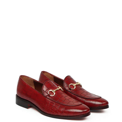 Croco Leather Horse-bit Buckled Green Loafer