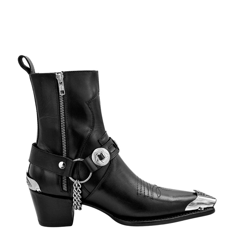 Luxury Leather Black Metal Toe Cap Cuban Heel Leather Boots
