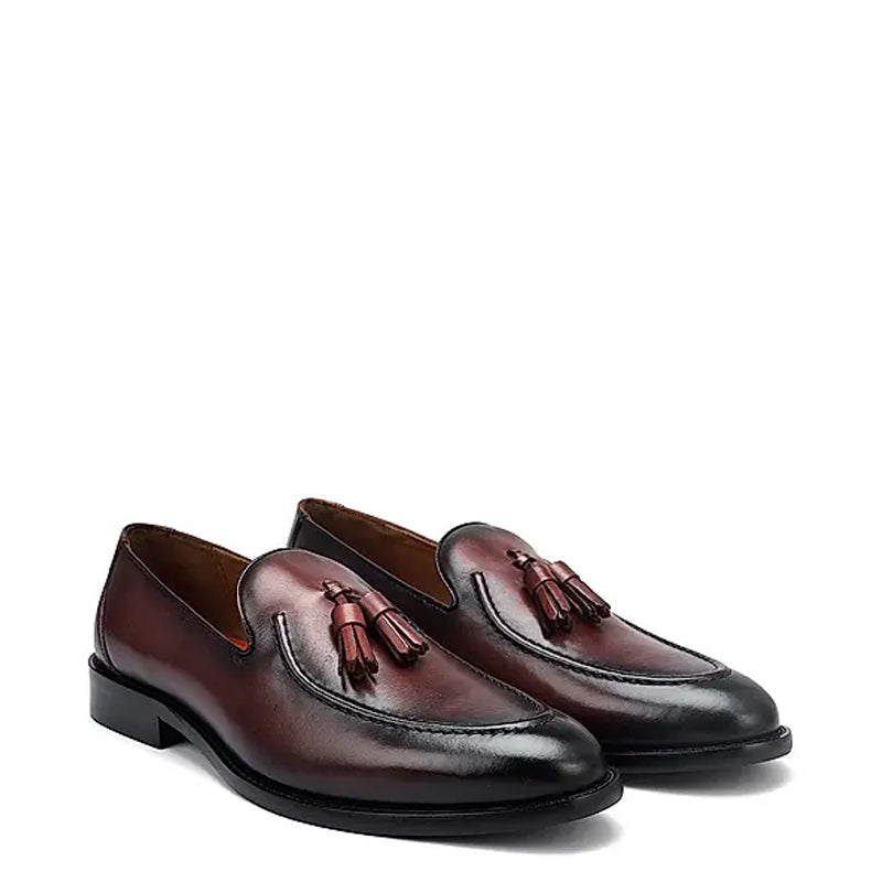 Pure Solid Leather Tassel Burgundy Loafer
