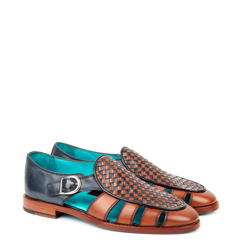 Men Green/Black Textured Leather Peshawari Comfort Sandals