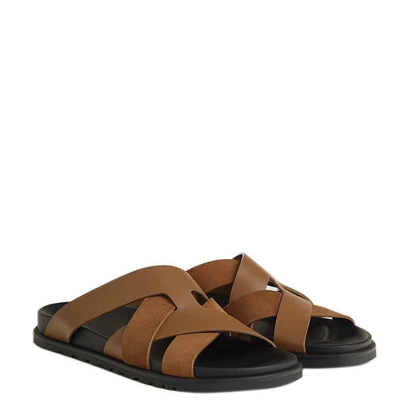 Men Textured Leather Comfort Black/Green Sandal