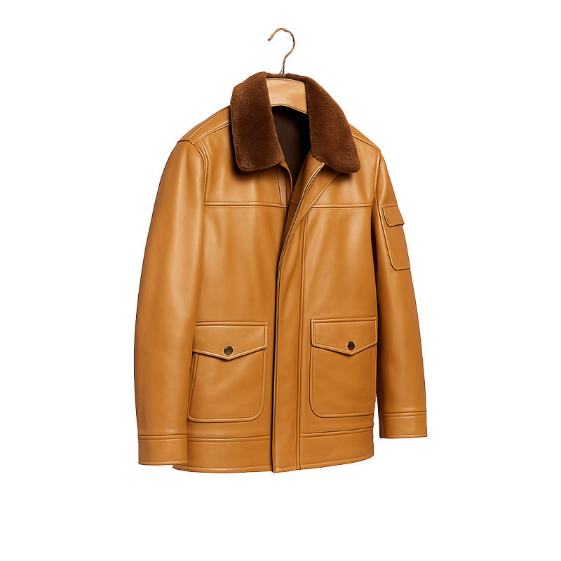 Men's Luxurious Burgundy Front Pocket Jacket with Fur Collar