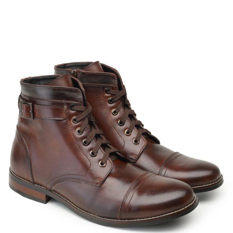 Men Solid High Buckle Leather Ankle Burgundy Boot