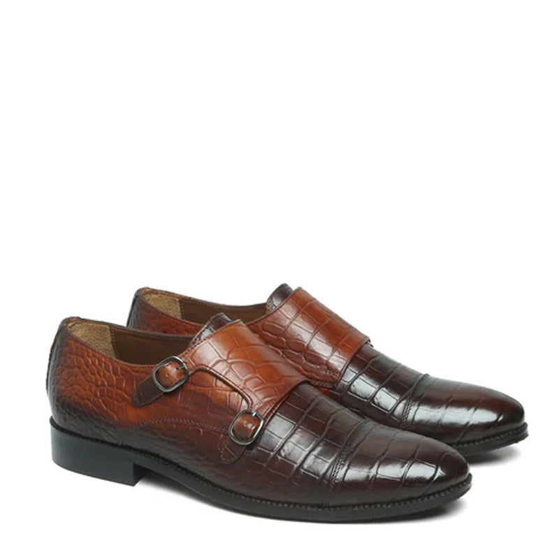 Men Croco Print Leather Double Monk