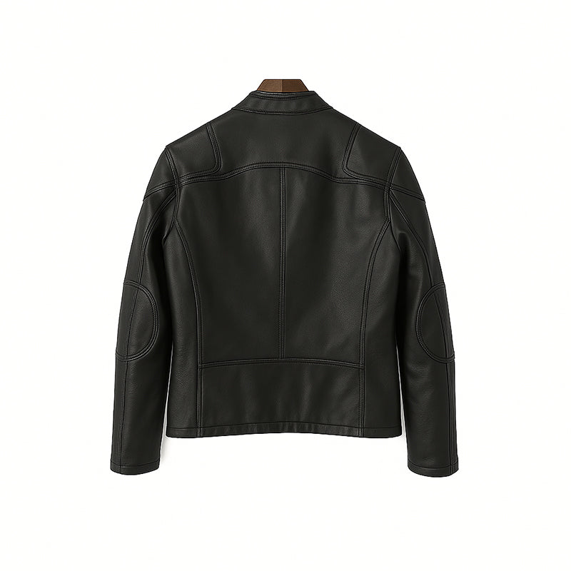 Men’s Zip-Up Vintage Black Biker Jacket with Stand Collar & Pockets