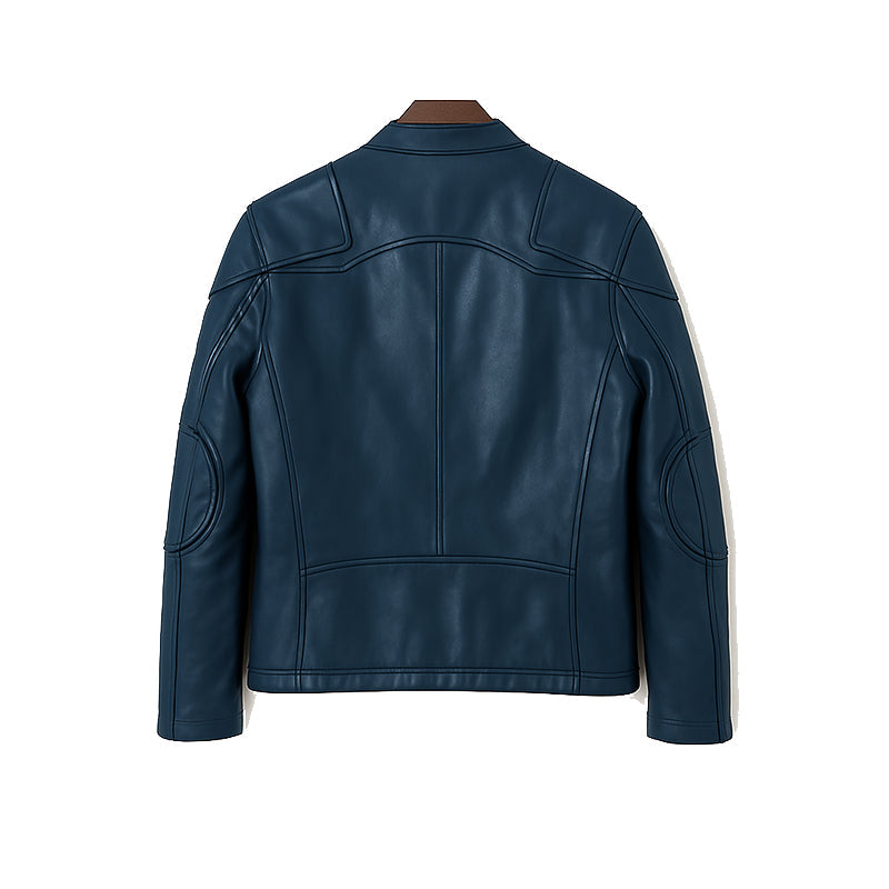 Men’s Zip-Up Vintage Blue Biker Jacket with Stand Collar & Pockets