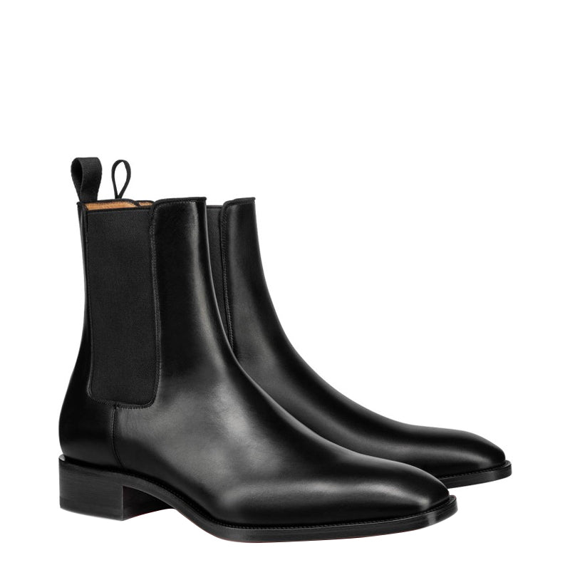 Classic Black Leather Chelsea Rounded Toe Boot with Low Stacked Heel