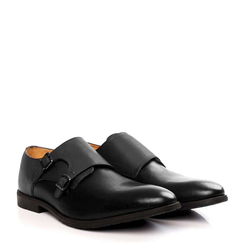 Leather Double Monk Strap Black and Gray Shoe For Men